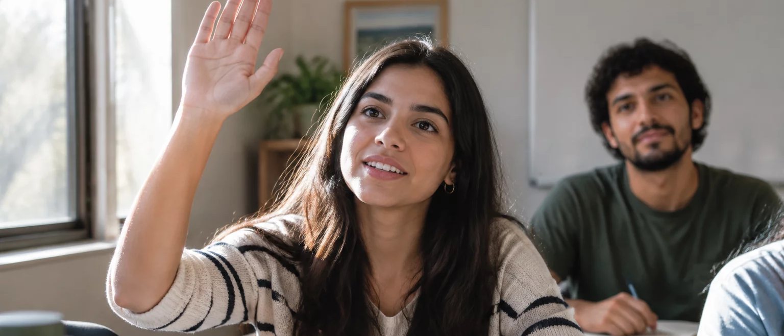Participante com a mão erguida pedindo a vez, à mesa coberta de folhas escritas